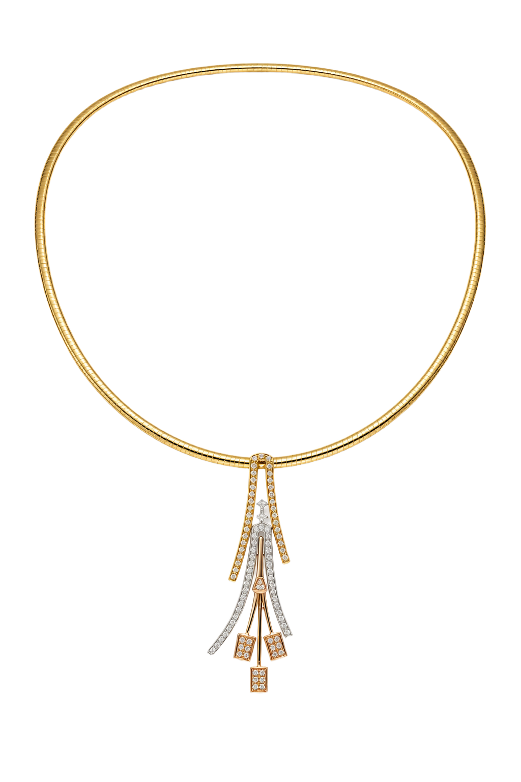 Diamond Cascade Pendant on Omega Collar - Three Tone Gold