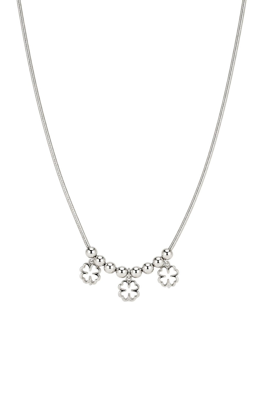 Three Clover Charm Station Necklace - White Gold