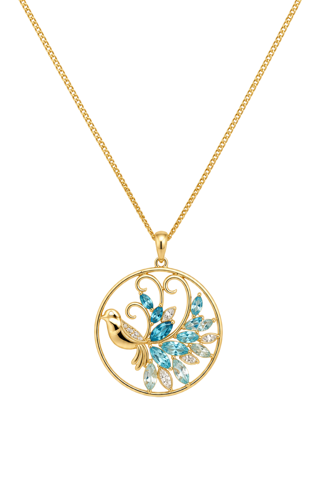 Peacock Bird Disc Pendant - Yellow Gold