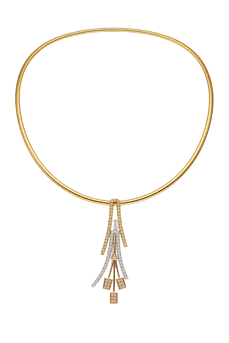 Diamond Cascade Pendant on Omega Collar - Three Tone Gold