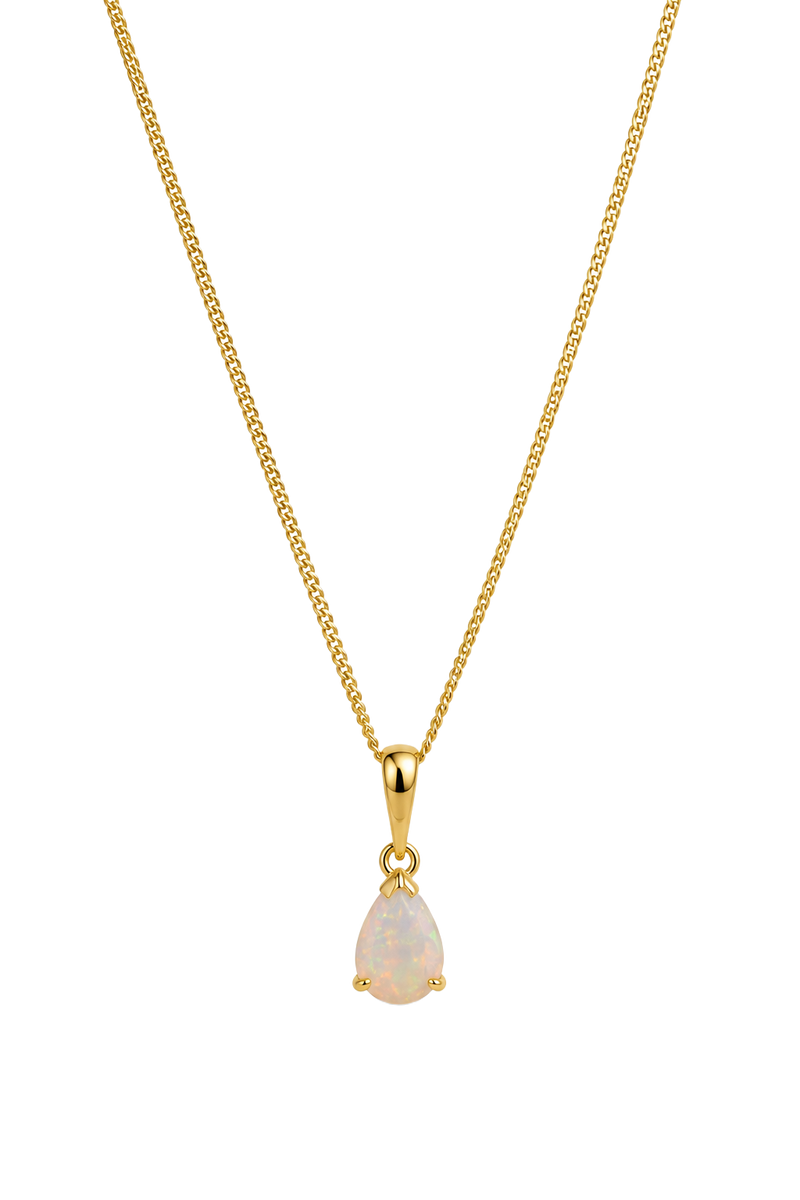 White Opal Pear Solitaire Pendant - Yellow Gold