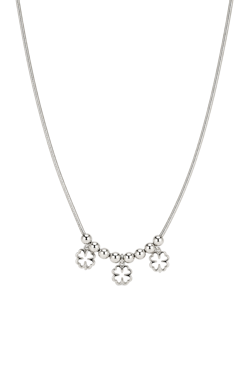 Three Clover Charm Station Necklace - White Gold