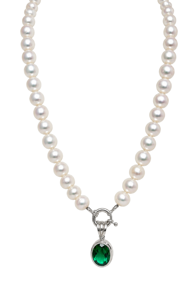 Pearl & Green Tourmaline Pendant Necklace - White Gold