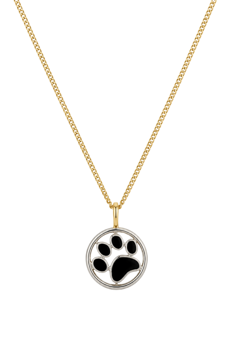 Black Onyx Paw Print Disc Pendant - Two Tone Gold