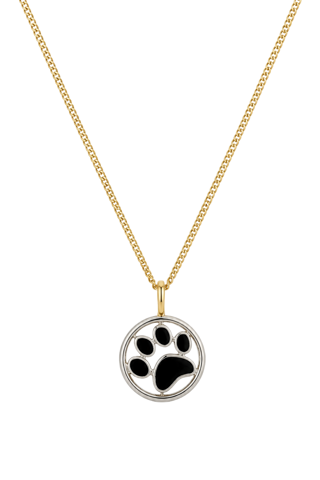 Black Onyx Paw Print Disc Pendant - Two Tone Gold
