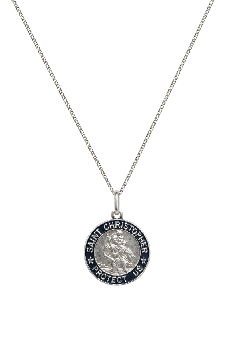 Saint Christopher Round Medal Pendant - White Gold