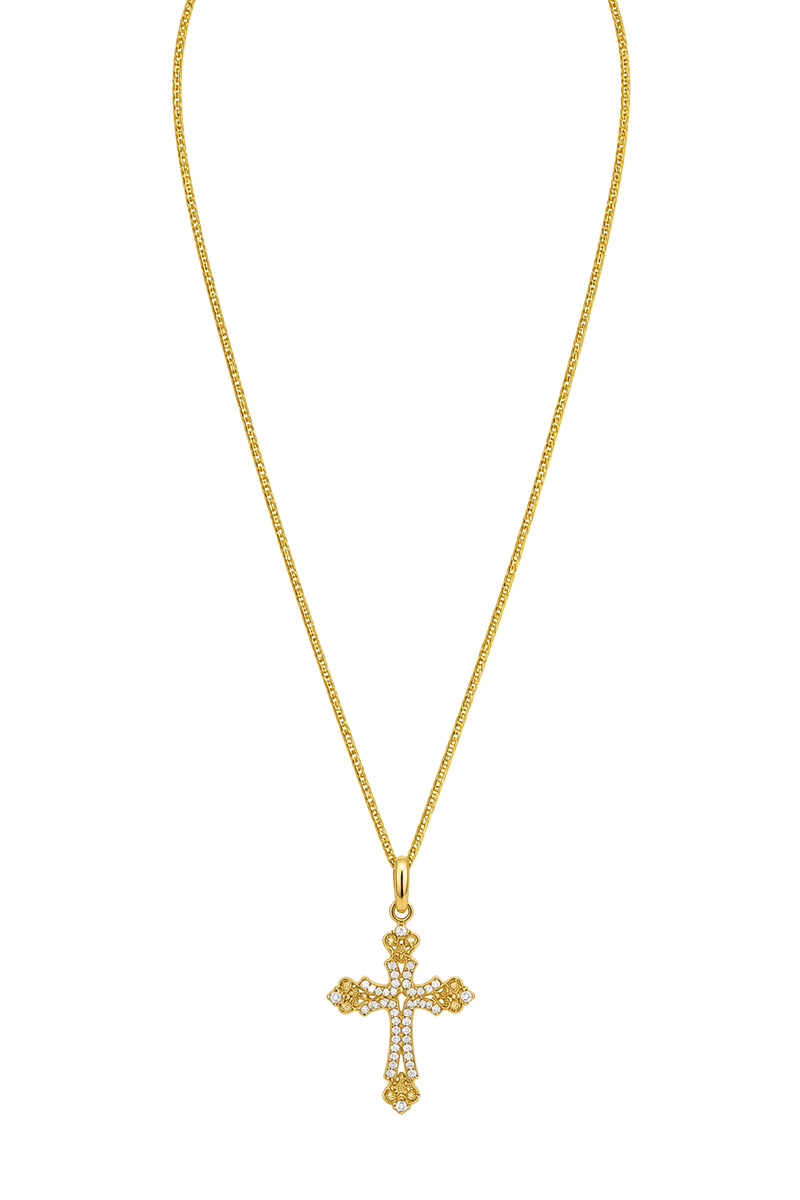 Yellow & White Diamond Filigree Cross Pendant - Yellow Gold