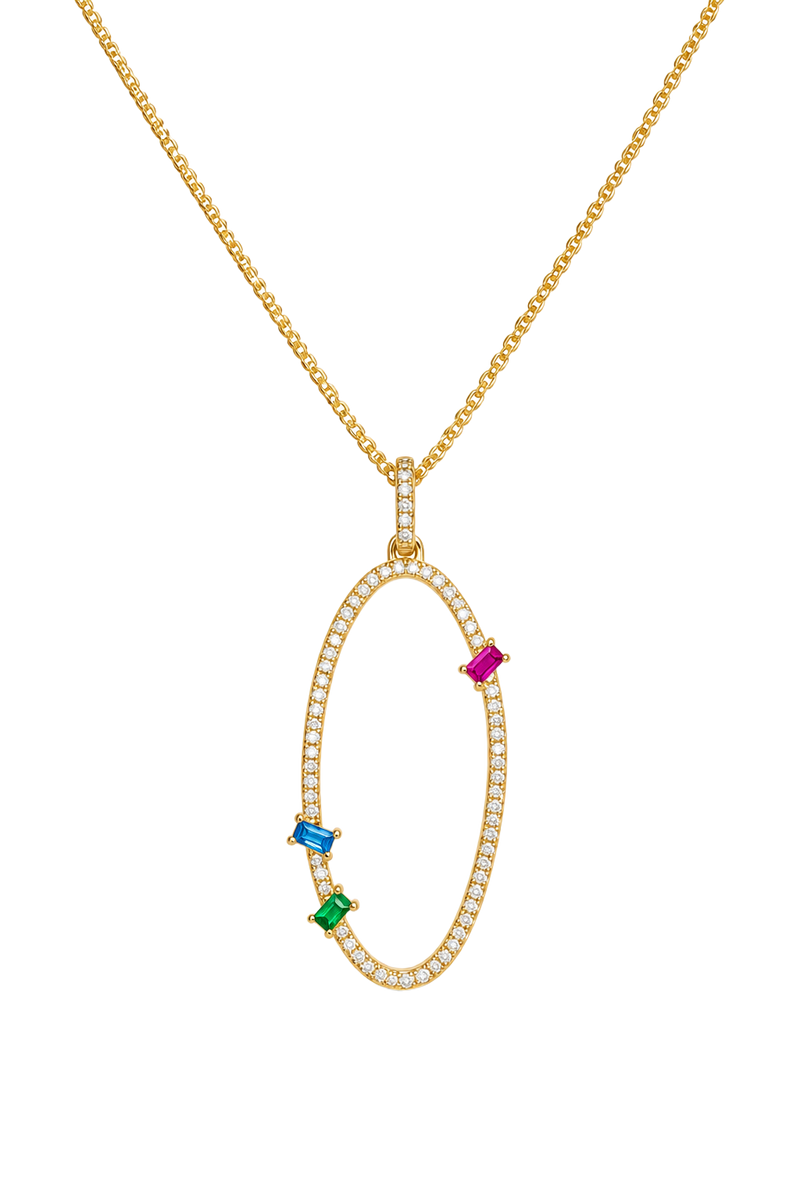 Multi-Gemstone Diamond Oval Pendant - Yellow Gold