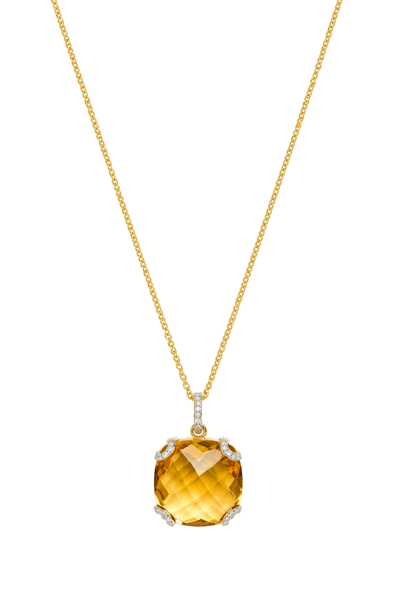 Citrine Cushion & Diamond Pendant - Yellow Gold