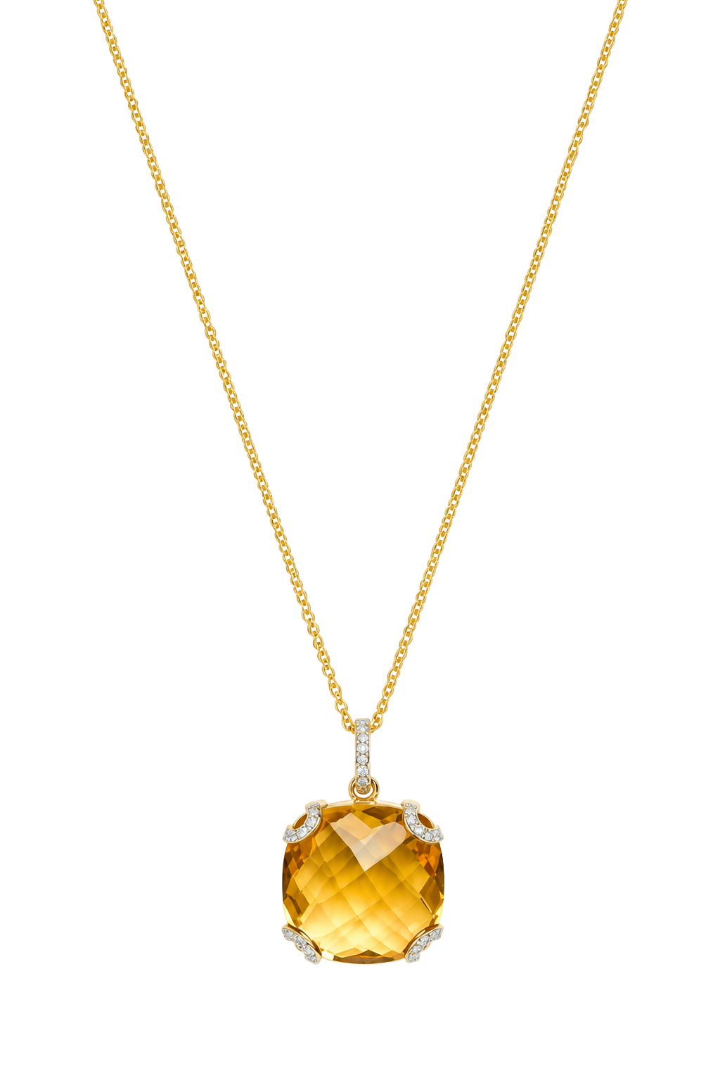 Citrine Cushion & Diamond Pendant - Yellow Gold