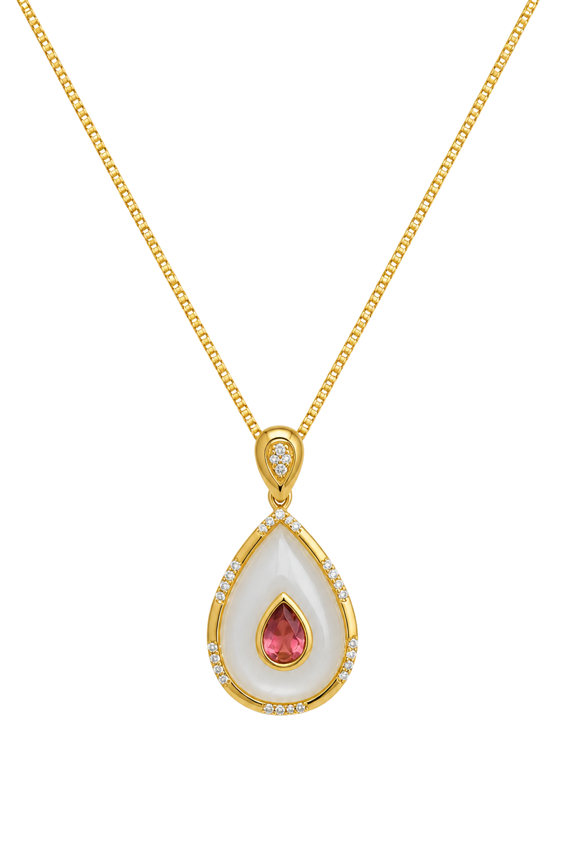Pink Tourmaline & Mother of Pearl Teardrop Pendant - Yellow Gold