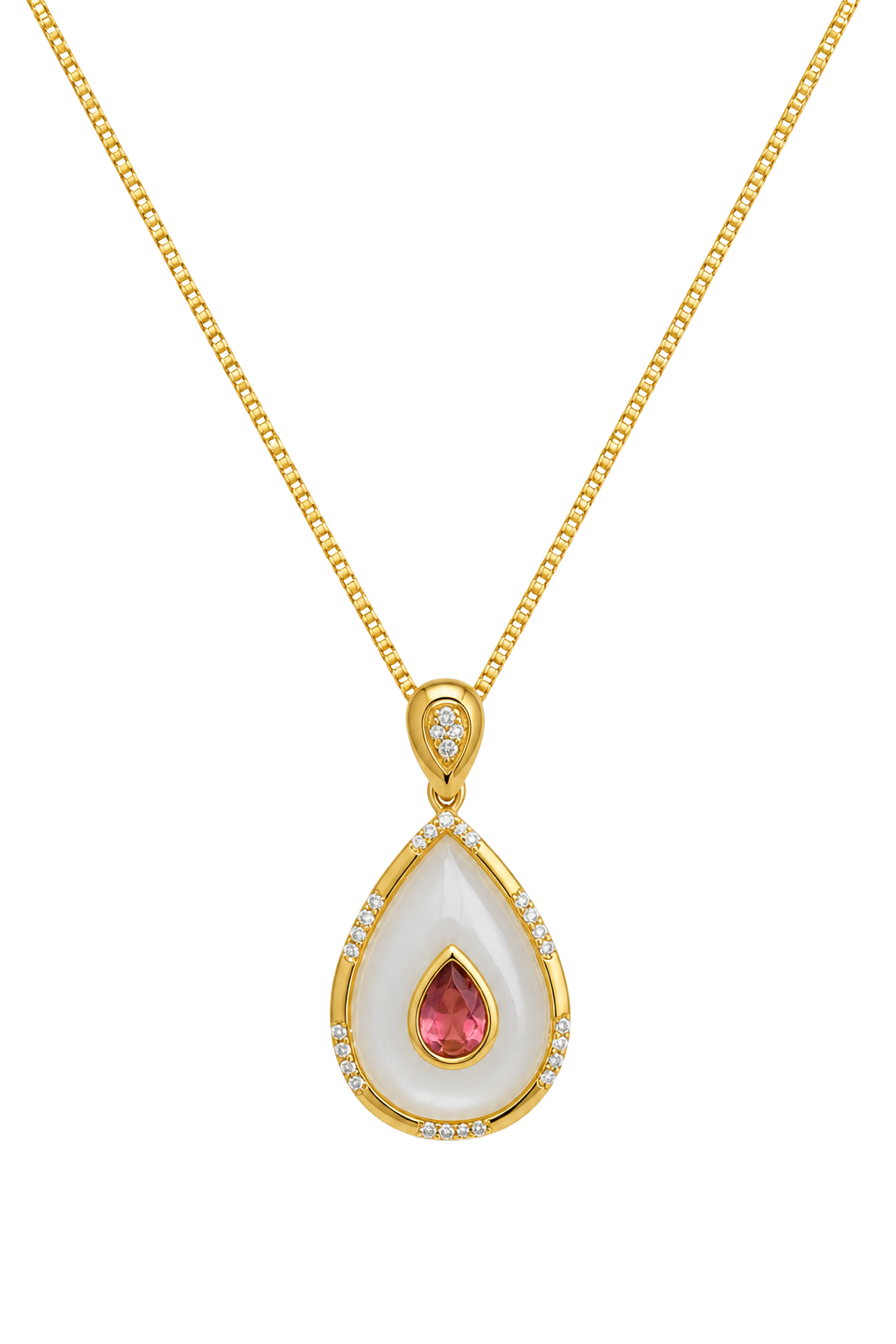 Pink Tourmaline & Mother of Pearl Teardrop Pendant - Yellow Gold