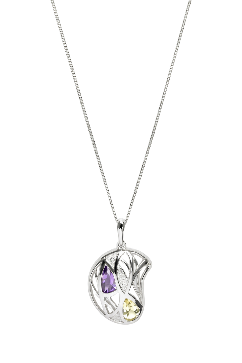 Amethyst & Peridot Leaf Disc Pendant - White Gold