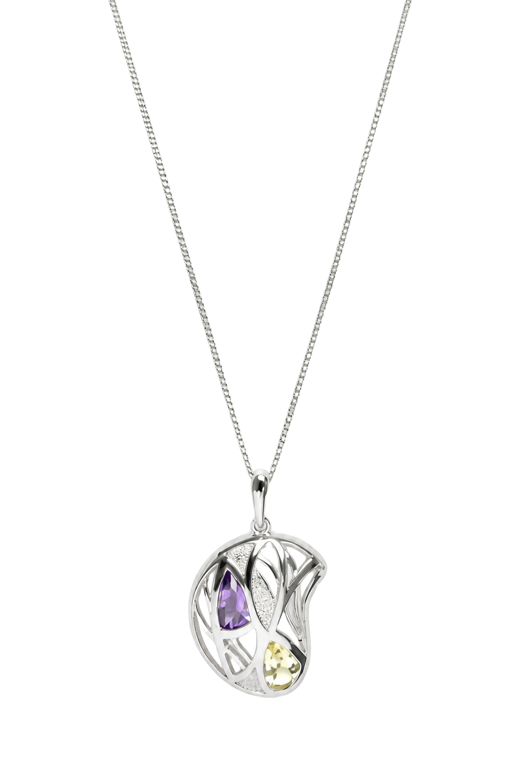 Amethyst & Peridot Leaf Disc Pendant - White Gold