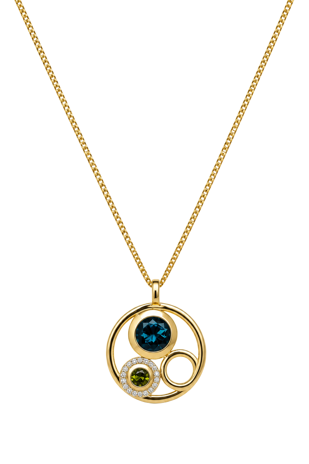 London Blue Topaz & Peridot Bubble Circle Pendant - Yellow Gold