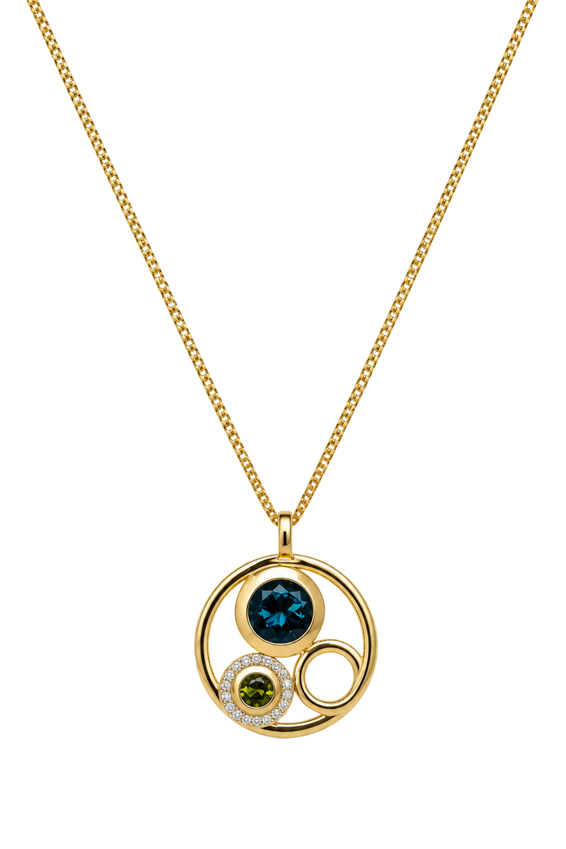 London Blue Topaz & Peridot Bubble Circle Pendant - Yellow Gold