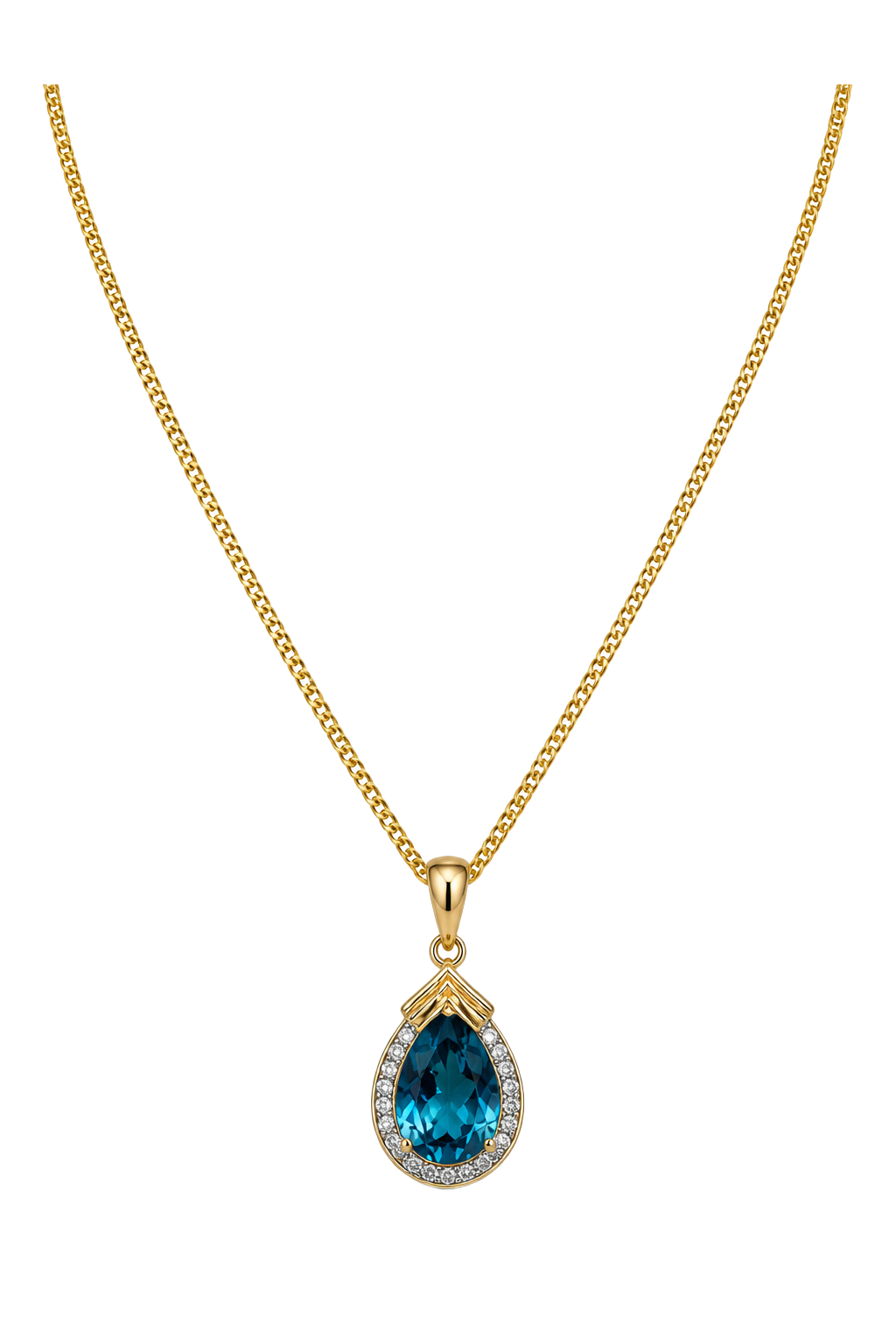 London Blue Topaz Pear Halo Pendant - Yellow Gold
