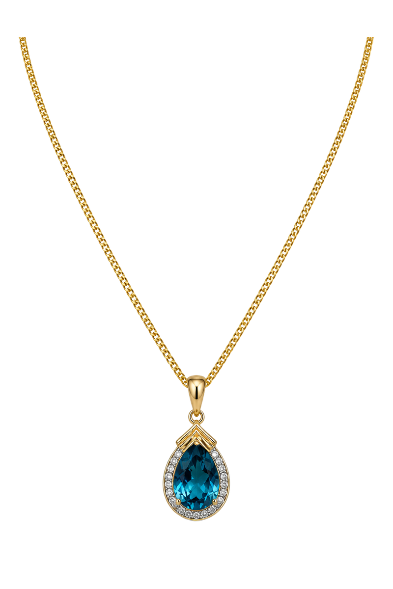 London Blue Topaz Pear Halo Pendant - Yellow Gold