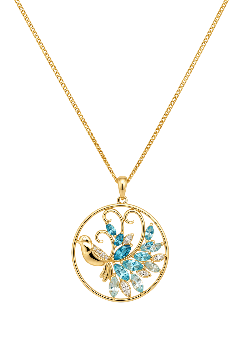 Peacock Bird Disc Pendant - Yellow Gold