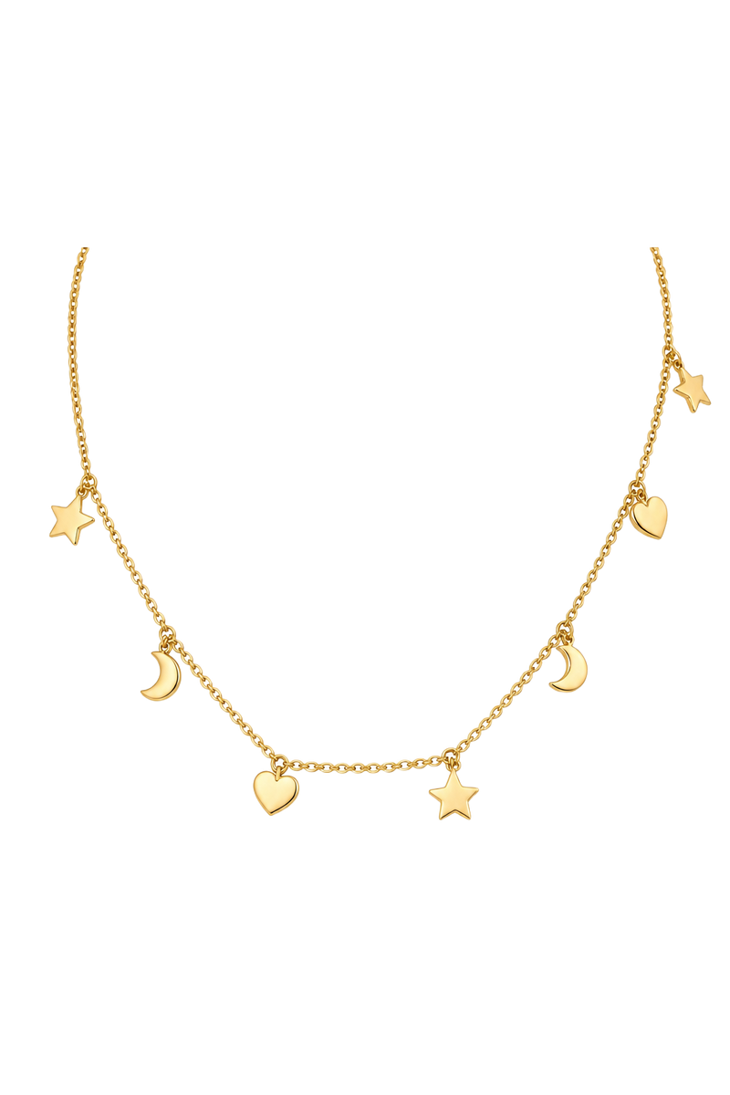 Star, Moon & Heart Charm Necklace - Yellow Gold