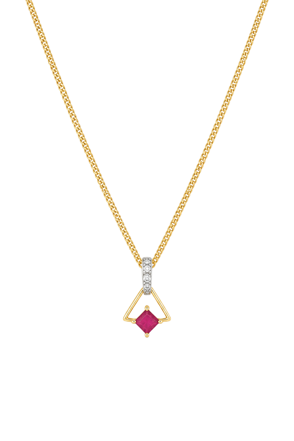 Princess-Cut Ruby Triangle Frame Pendant - Yellow Gold