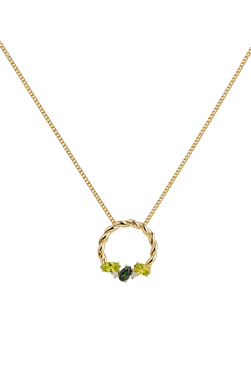 Peridot, Tourmaline & Diamond Circle Pendant - Yellow Gold