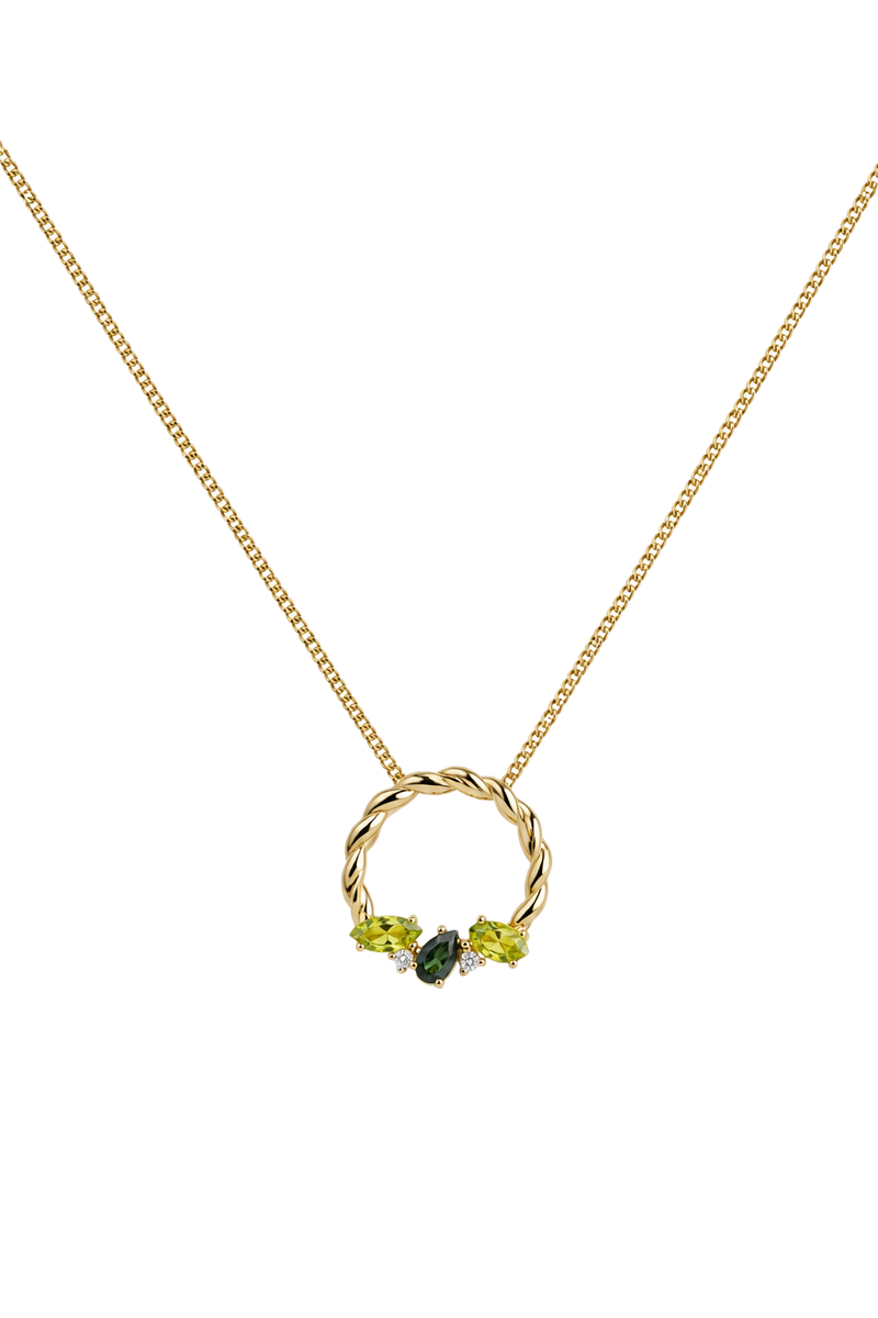 Peridot, Tourmaline & Diamond Circle Pendant - Yellow Gold
