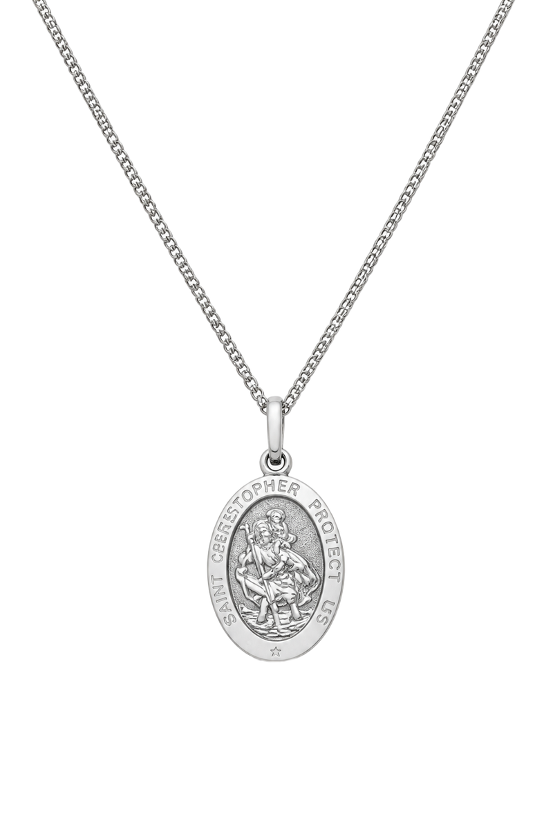 Saint Christopher Oval Medal Pendant - White Gold